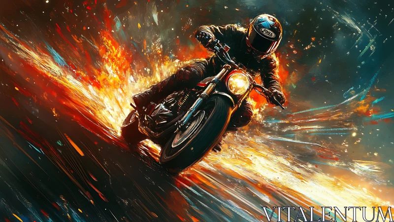 Motorcyclist carving through incendiary light trails at speed