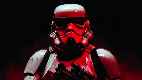 Armored sci-fi trooper stands in crimson cinematic light.