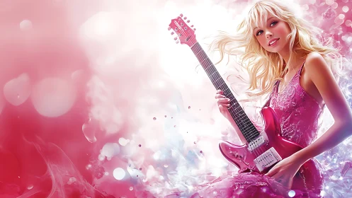 Pink electric guitarist in glittering dreamy light storm.