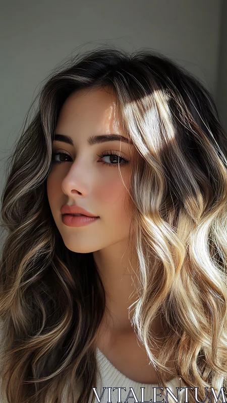 Portrait of young woman with wavy highlighted hair indoors.