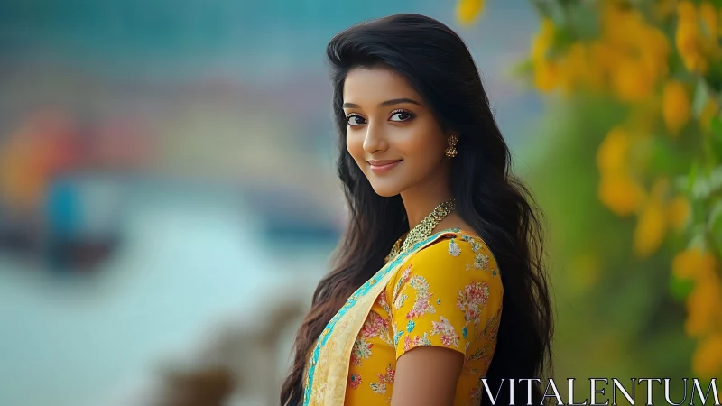 Warm smile in yellow saree beside soft riverside blooms.
