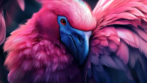 Vivid close-up of a pink parrot in hyper-realistic digital art style.