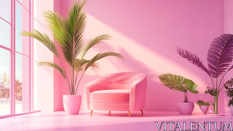Pink velvet armchair anchors sunlit tropical interior