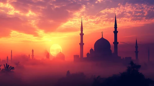 Atmospheric mosque skyline in chromatic volumetric sunrise mist.