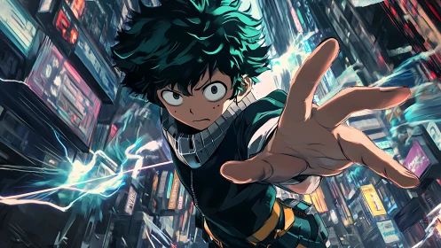 Young hero surges forward through a neon city night.