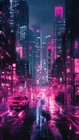 Neon rain-drenched cyberpunk city street at midnight