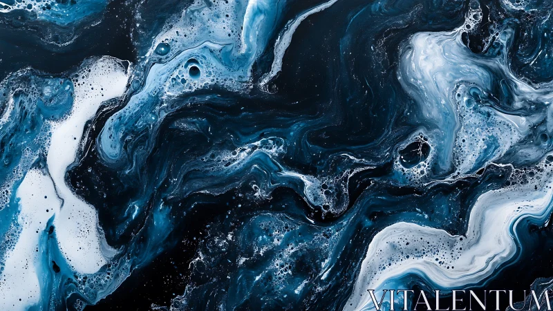 Abstract blue and white fluid swirl pattern on black background.