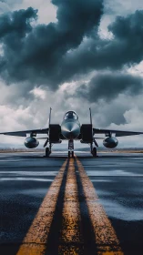 Front view of modern jet aircraft on wet runway surface.