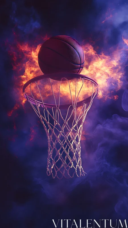 Flaming basketball over hoop in dramatic purple smoke night.
