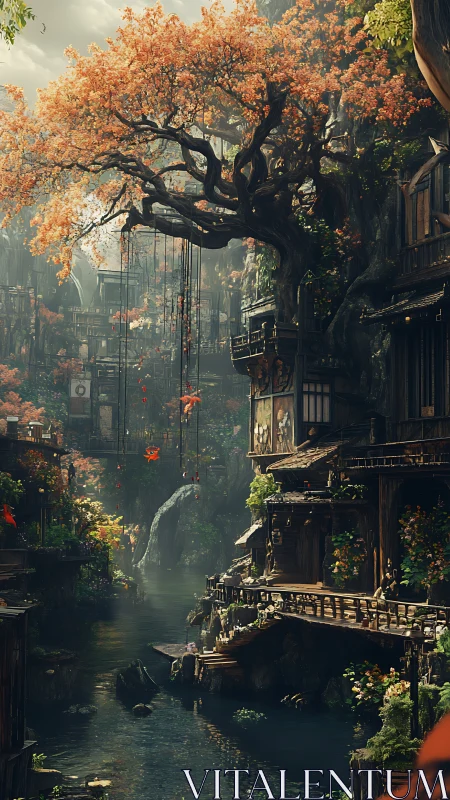 Riverside treehouse village glows under cascading autumn canopy