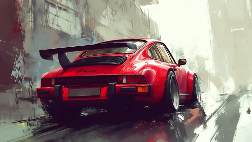 Aerodynamic red Porsche Carrera in abstract urban motion field.
