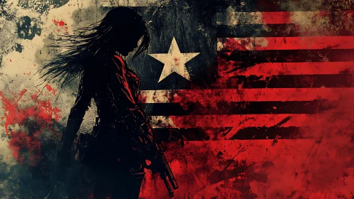 Silhouetted armed woman against distressed single-star flag field