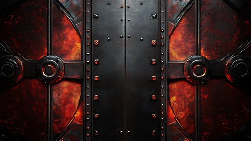 Forged metal vault doors glow with molten inner light.