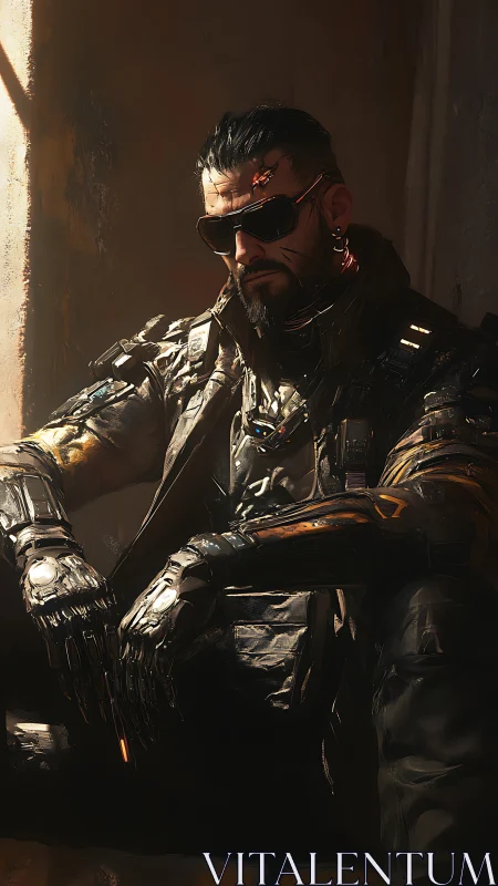 Cyborg mercenary rests in dim light wearing tactical gear