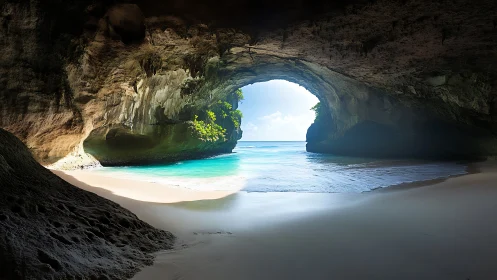 Hidden sea cave reveals turquoise inlet under soft light.