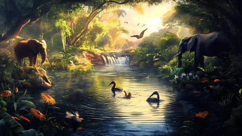 Lush jungle pond with elephants and birds at sunrise.
