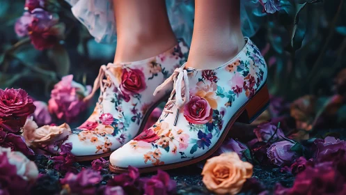 Photoreal floral leather shoes amid saturated rose garden.