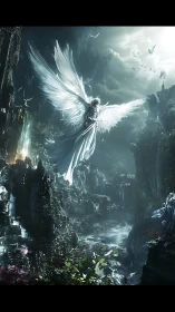 Radiant angel descends over a mist-shrouded sacred valley