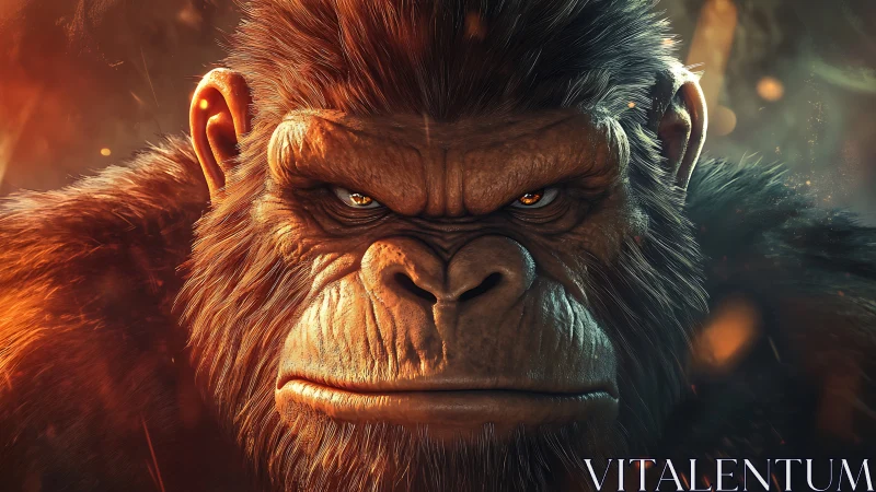 Gorilla-like creature stares forward with intense glowing eyes