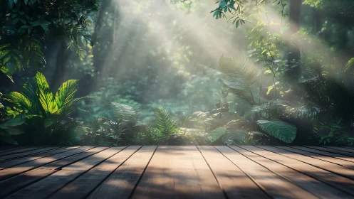 Wooden deck with tropical forest backdrop and atmospheric light