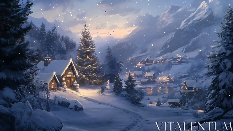 Cozy winter village lights wrapped in gentle mountain snow.