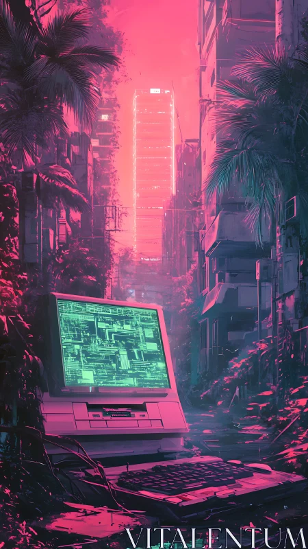 Retro terminal in neon jungle street, towering cyber city.