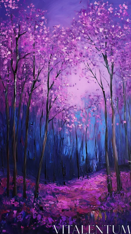 Dreamy twilight forest glowing in violet blossoms.