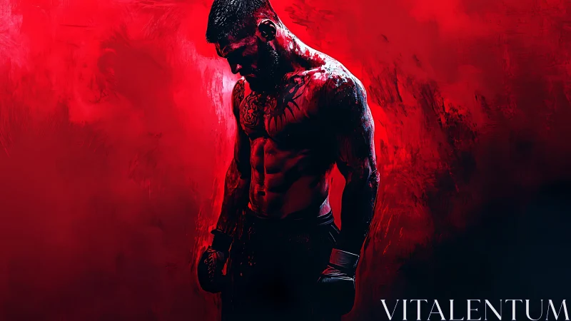 Muscular male figure rendered in red monochromatic palette.