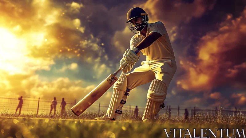 Sunset cricket warrior poised in glowing golden stadium light.