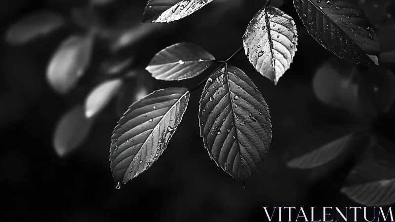 Wet serrated leaves hang in sharp focus against dark blur