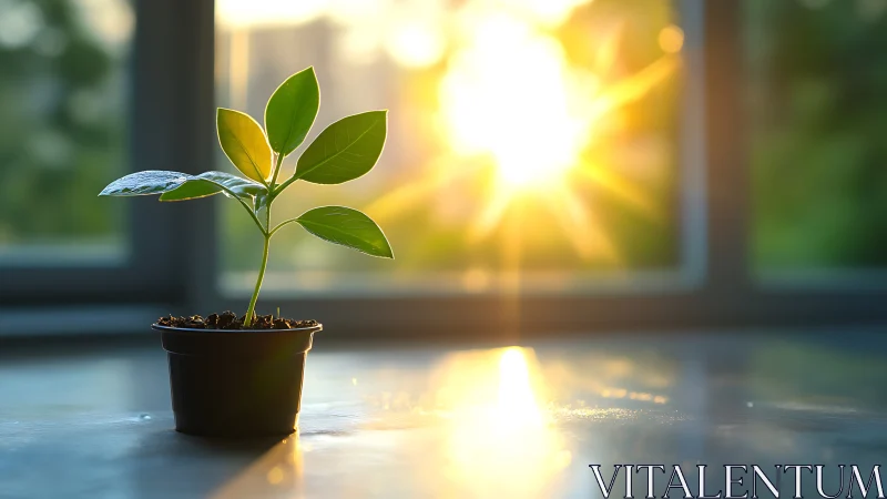 Tiny windowsill sapling quietly drinks the exploding sunrise