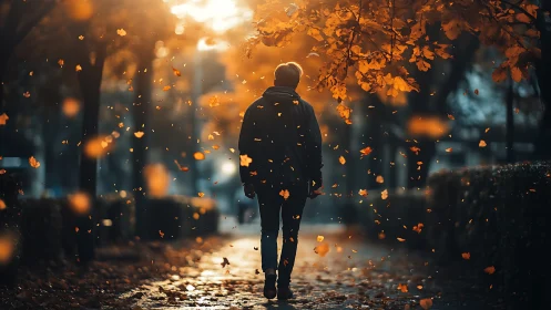 Figure on tree-lined path under falling autumn leaves at dusk.
