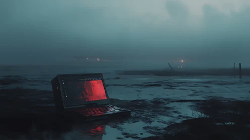Laptop screen glows crimson in desolate foggy wetland.
