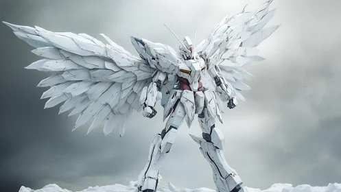 Digital mecha angel with articulated white armor wings.