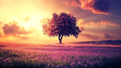 Solitary blossom tree under radiant violet sunset sky.
