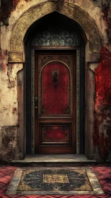 Ornate red doorway under weathered golden stone arch