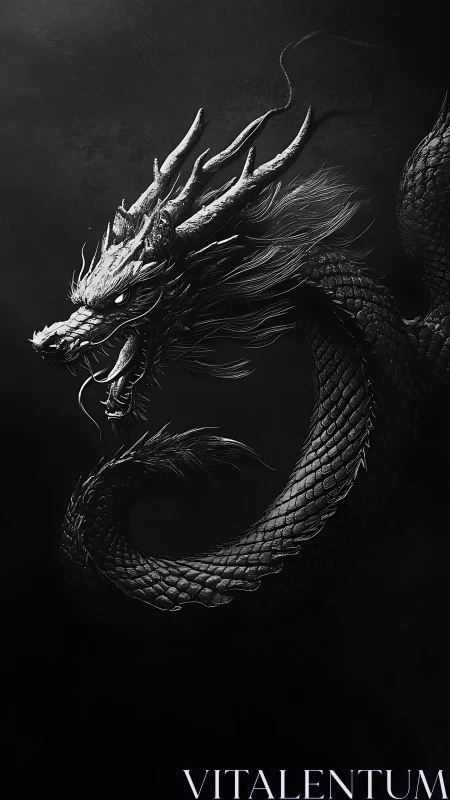 Monochrome serpentine dragon with high-relief scaled anatomy