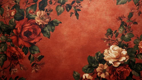 Vintage floral border with red roses on textured background.