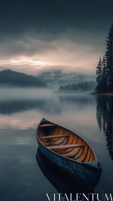 Wooden canoe rests on misty lake under moody dawn sky