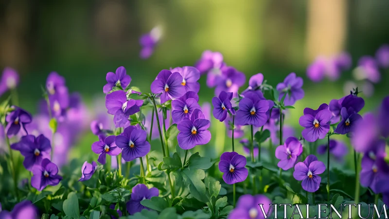 Purple pansies in bloom with sharp detail and soft background bokeh