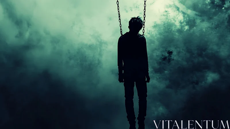 Suspended silhouette drifts alone inside storm colored fog