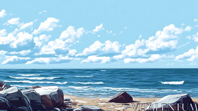 Stylized rocky shoreline under stratocumulus clouds in clear light