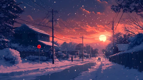 Digital painting of snowy suburban street at sunset glow.