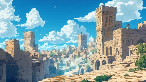 Stone fortress complex extends under sparse cumulus clouds