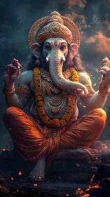 Detailed digital image of seated Ganesha in warm light.