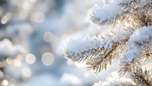 Snow laden conifer needles capture low winter backlight