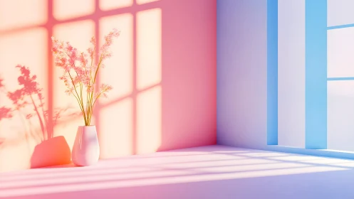 Minimalist pastel room with flower vase and soft sunlight.