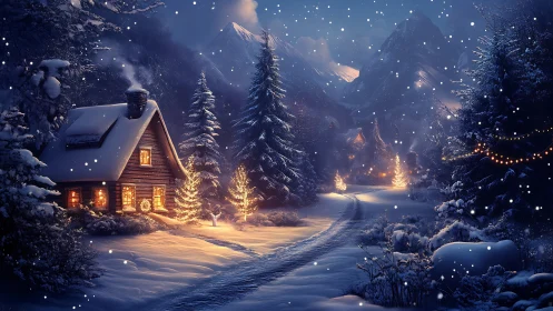 Snowy mountain cabin glows warmly under quiet winter night