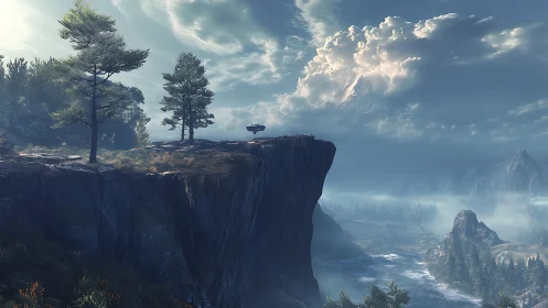 Futuristic dropship on alpine cliff above misty river valley