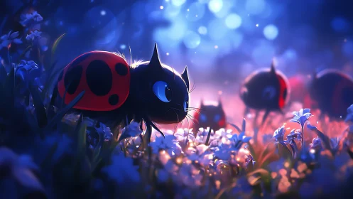 Cat-ladybug hybrids move through glowing flowers at dusk
